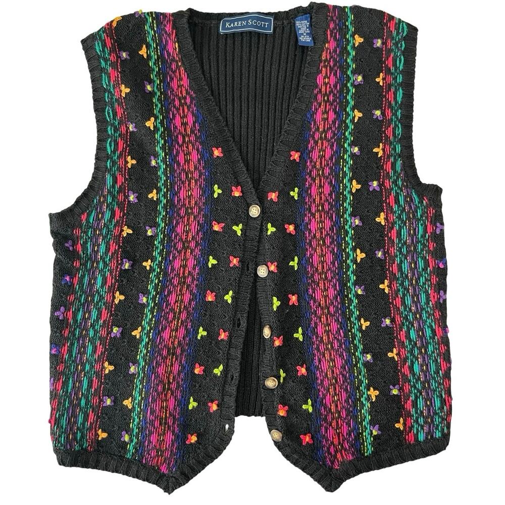 Vintage 90s Knit Sweater Vest Cottage Flowers Colorful Grandmacore Boho Size M